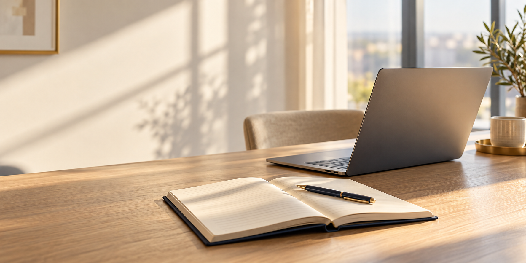 A bright workspace with a laptop, open notebook, coffee cup and plants